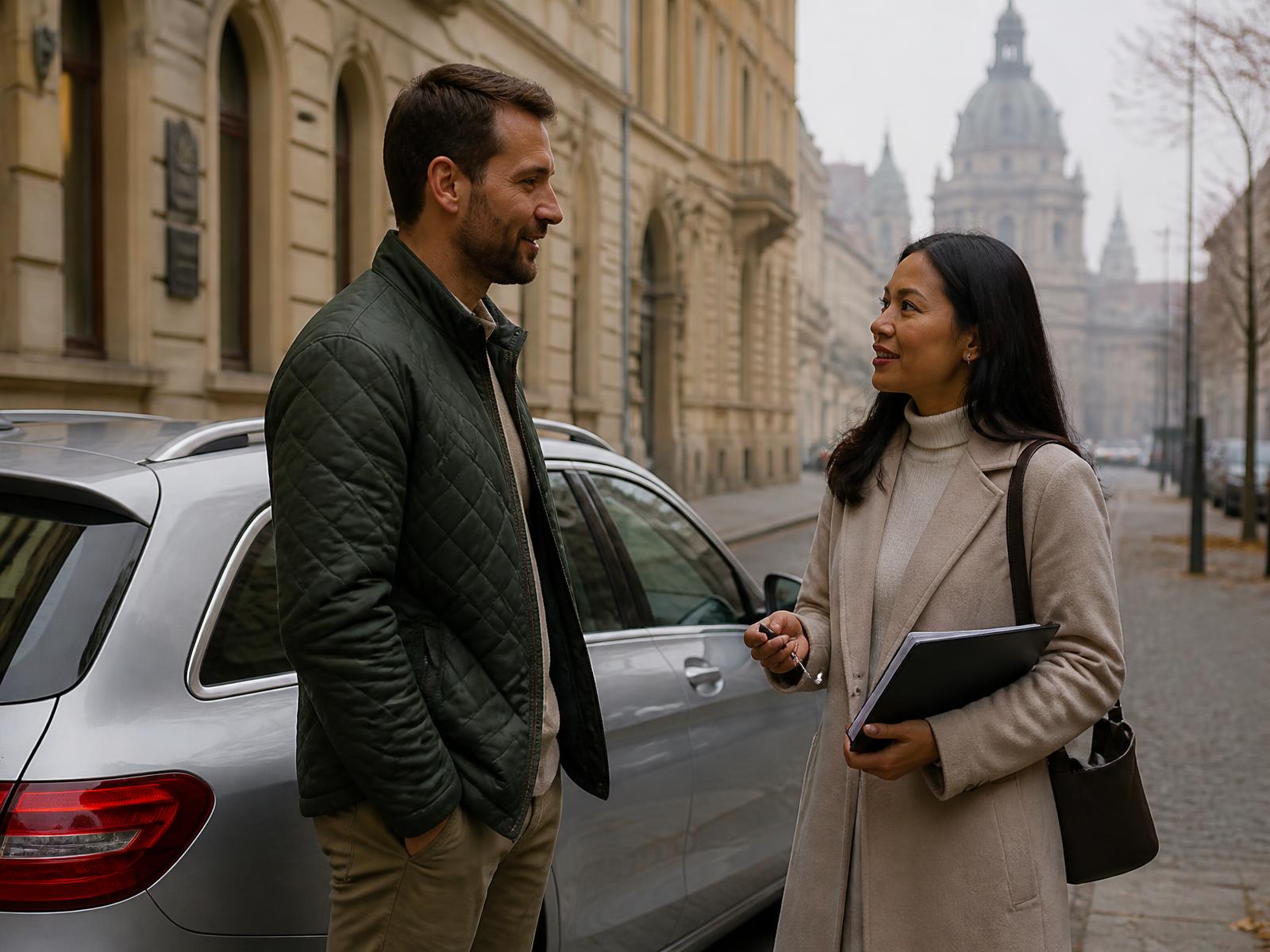 A Wanna Sell My Car representative talking with an international car owner beside her car on a Budapest street